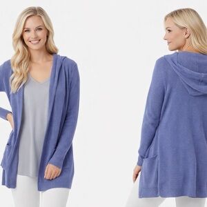 Barefoot Dreams CozyChic Ultra Lite Hooded Cardigan Blue Open Front Pockets M